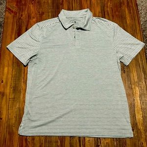 Men’s gray and white striped polo. Size medium. Moisture wicking.